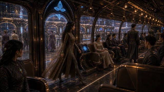 Tiwif walks through an illuminated Vyralen-C transit carriage among seated travelers.