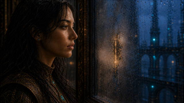 Close profile of Tiwif beside rain-covered glass and an ember-lit crystalline handprint.
