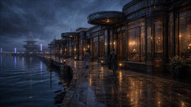 A rain-dark memory arcade follows the water at blue hour.