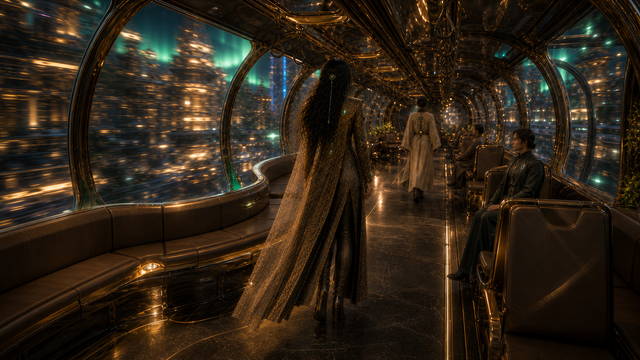 Tiwif walks through a curved Lumerin carriage as city lights streak past the windows.
