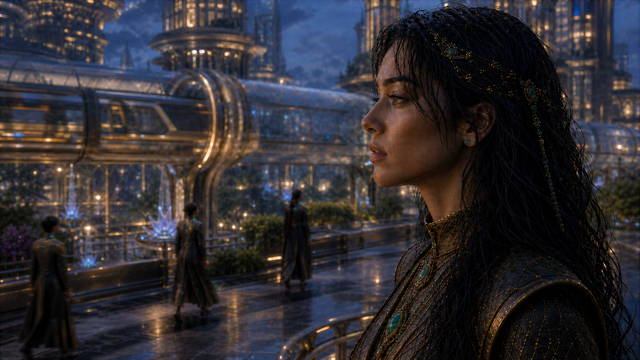 Profile of Tiwif above a rain-washed city with transit lines in the distance.