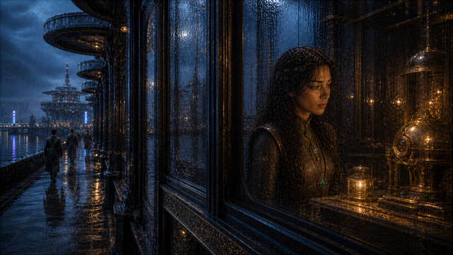 Tiwif waits inside the last rain-glass chamber beside the waterfront.
