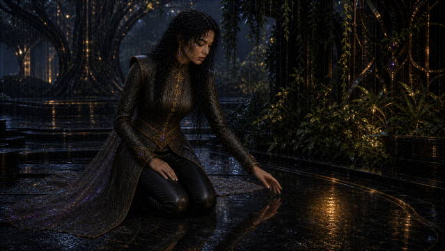 Tiwif kneels over a reflected second light beneath water.