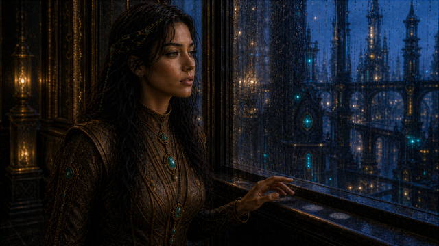 Tiwif pauses at a rain-covered window overlooking the blue-hour city.