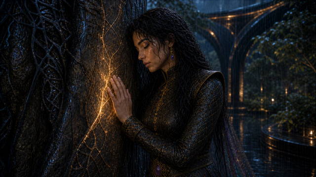 Tiwif rests both hands against a glowing tree in the rain.