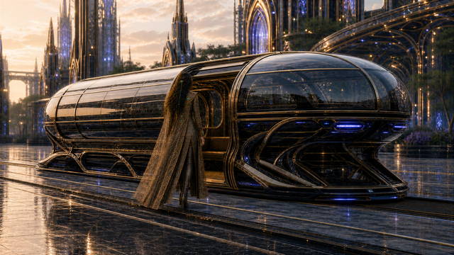 Tiwif stands beside a dark glass ground-transit carriage in Xærion.
